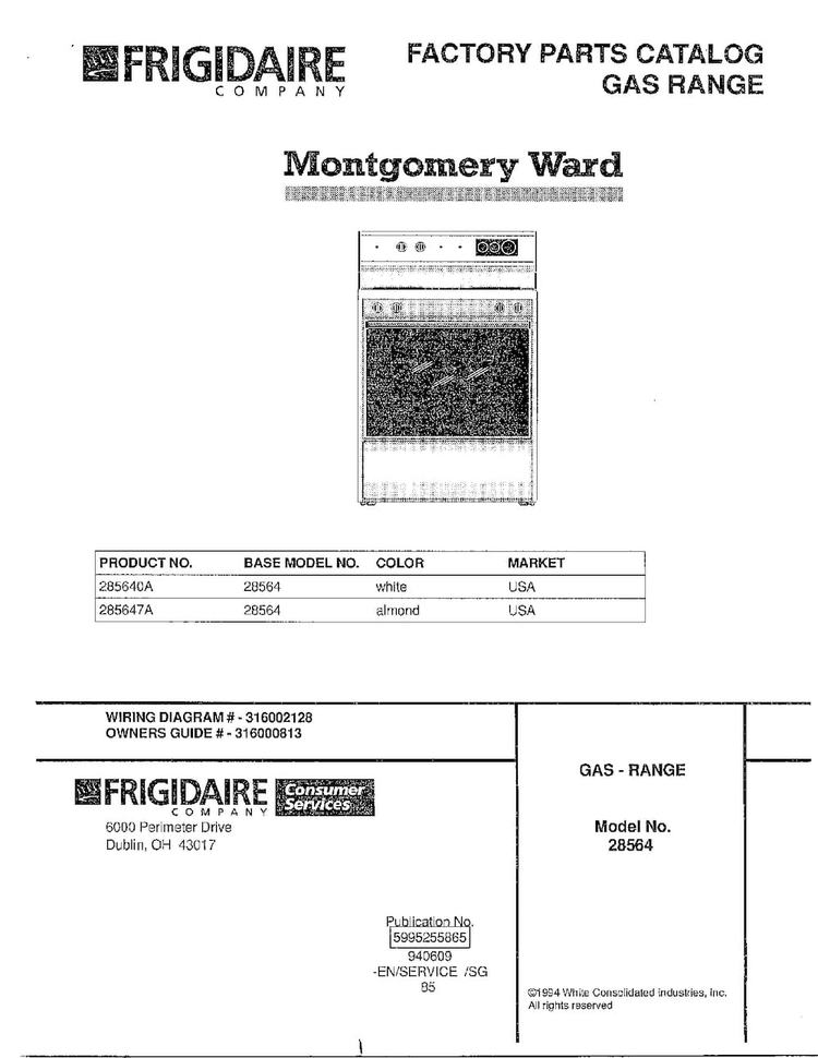 Gas Range/front Cover Diagram and Parts List for 285647A  Frigidaire Range