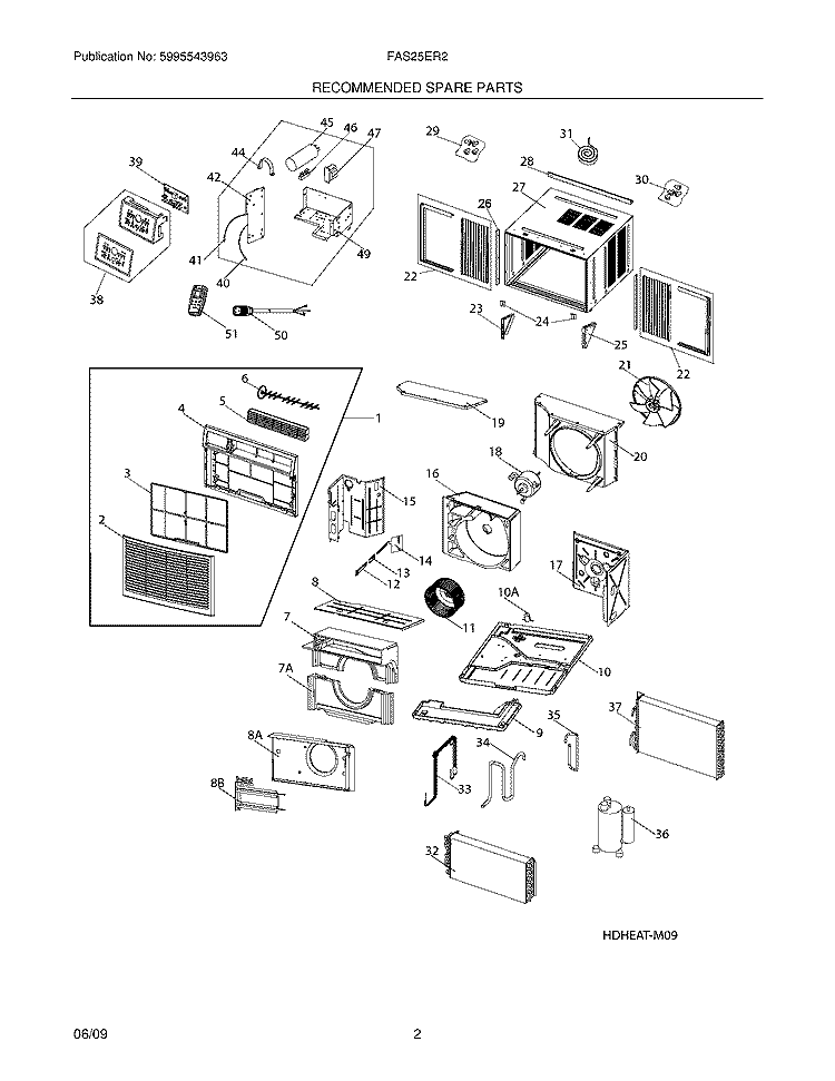 RECOMMENDED SPARE PARTS Diagram and Parts List for FAS25ER2AB  Frigidaire Air Conditioner