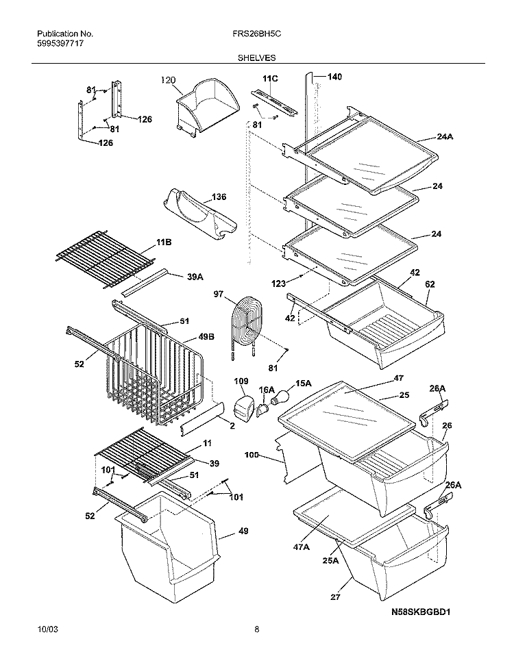 SHELVES Diagram and Parts List for FRS26BH5CQ2  Frigidaire Refrigerator