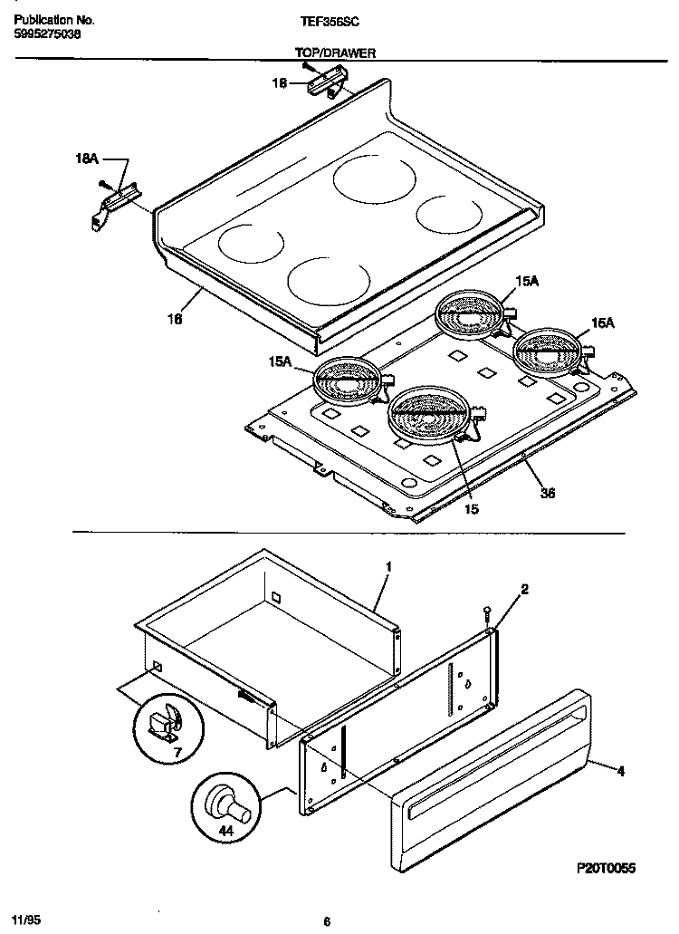 TOP / DRAWER Diagram and Parts List for TEF356SCWB  Tappan Range