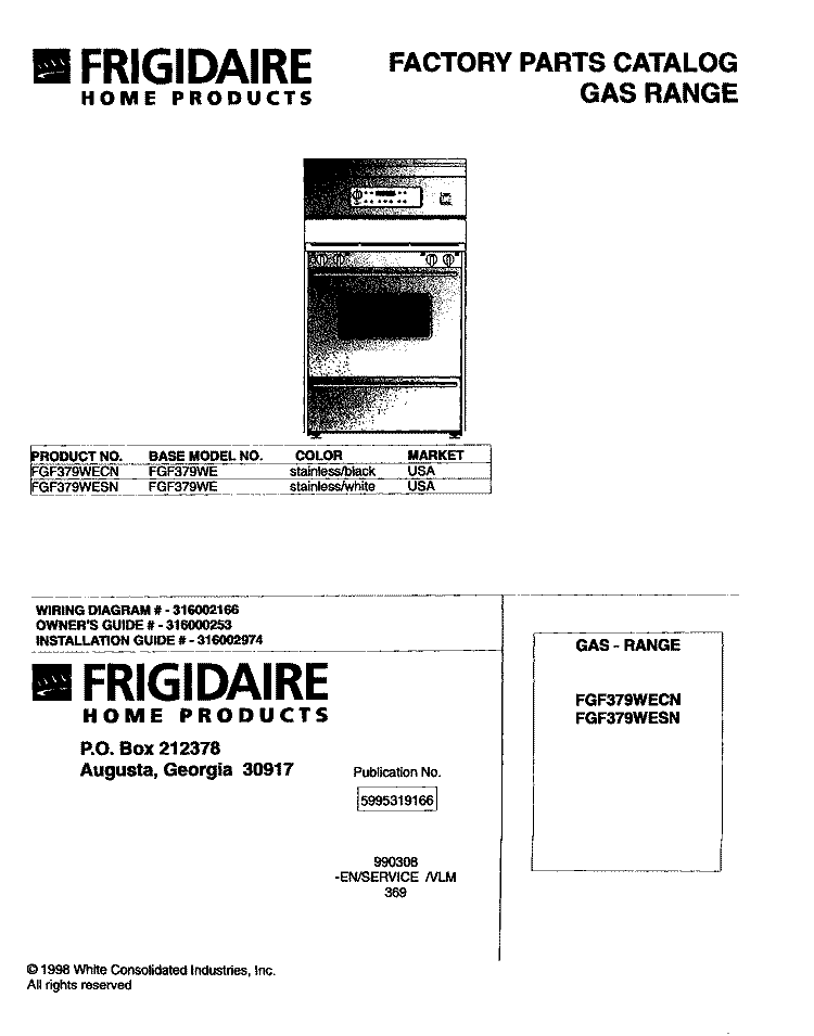 COVER Diagram and Parts List for FGF379WESN  Frigidaire Range