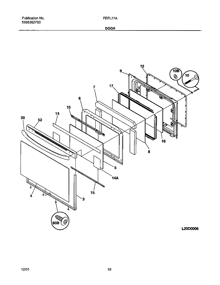 DOOR Diagram and Parts List for FEFL77ABD  Frigidaire Range
