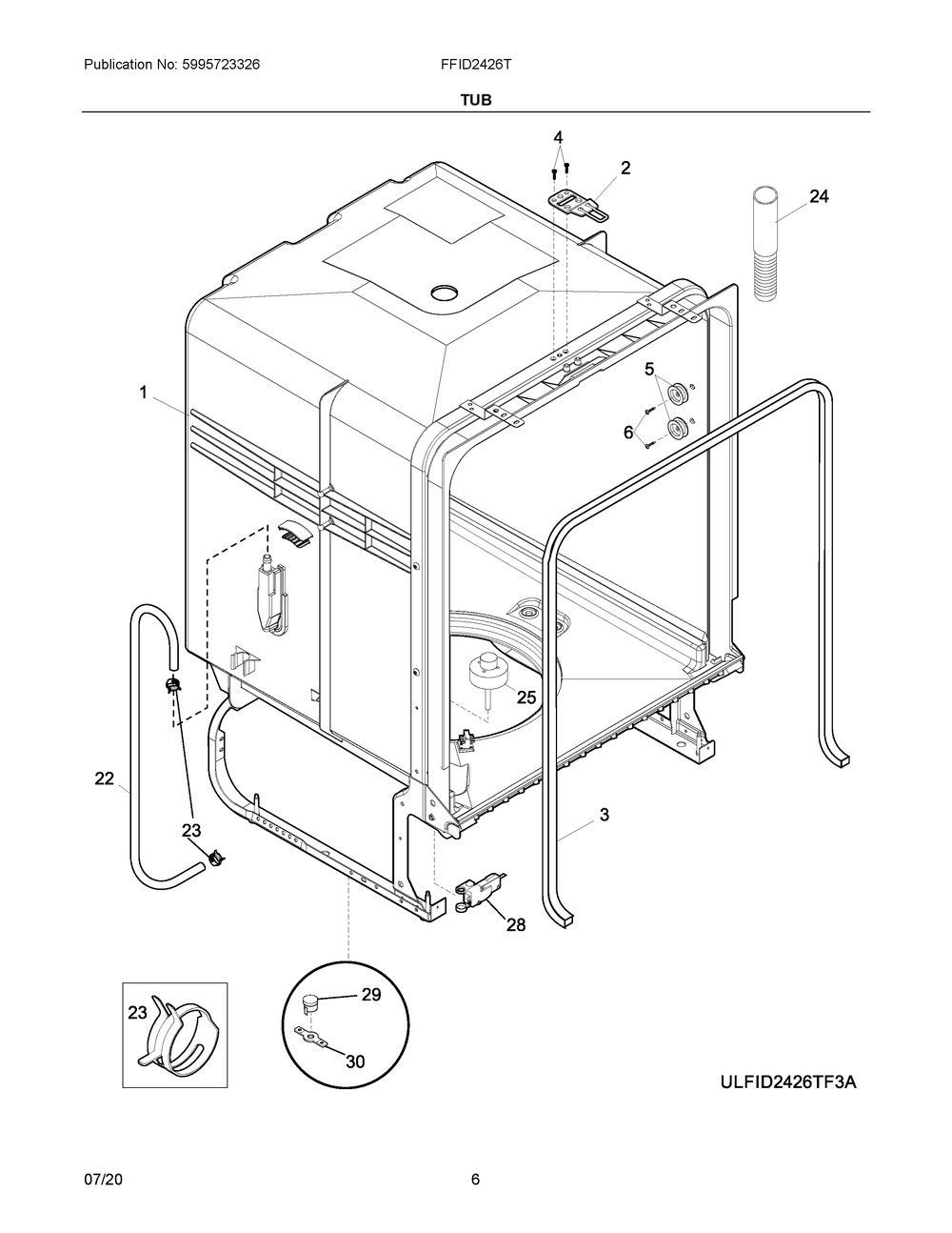 Tub Diagram and Parts List for FFID2426TS4A  Frigidaire Dishwasher