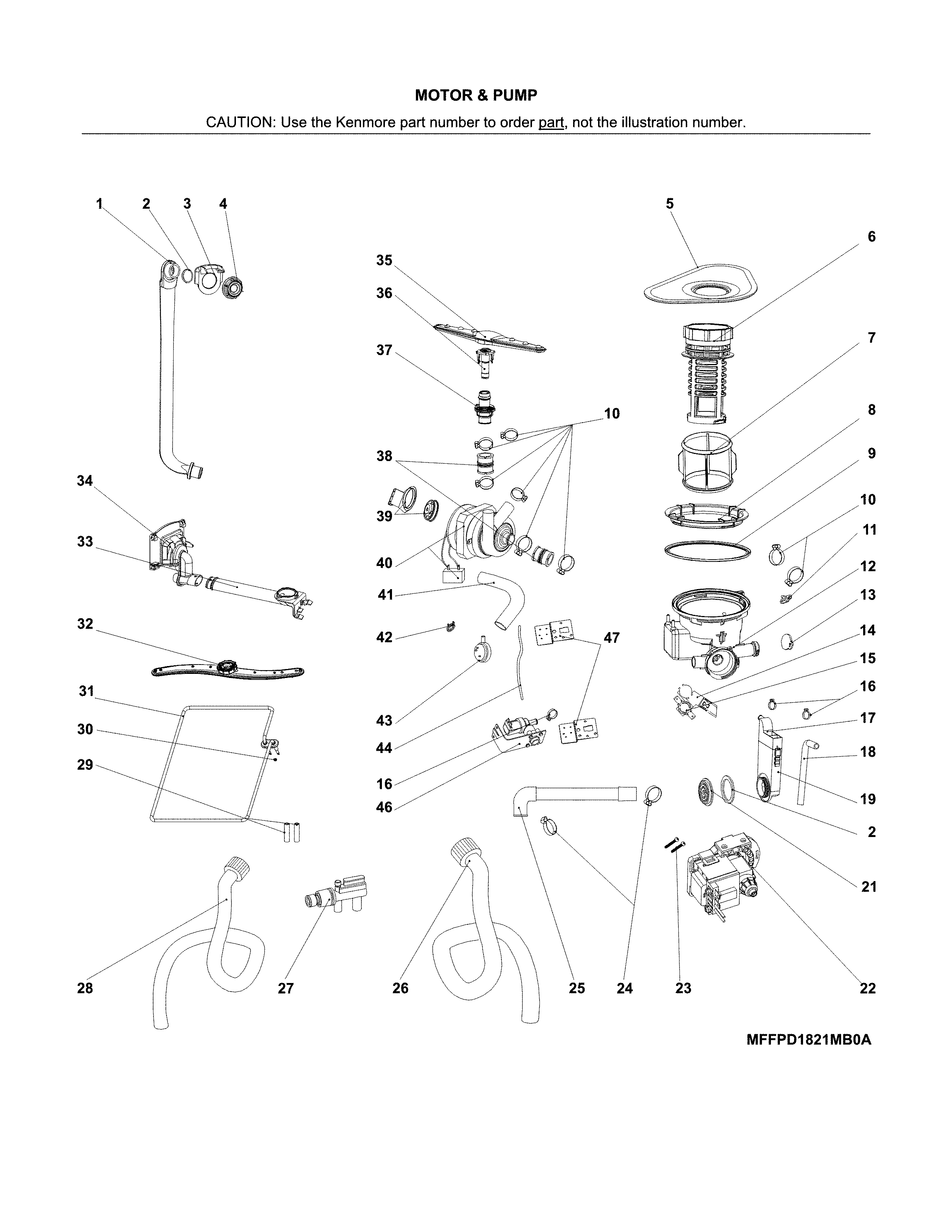 Motor & Pump Diagram and Parts List for 58714652201B  Kenmore Dishwasher