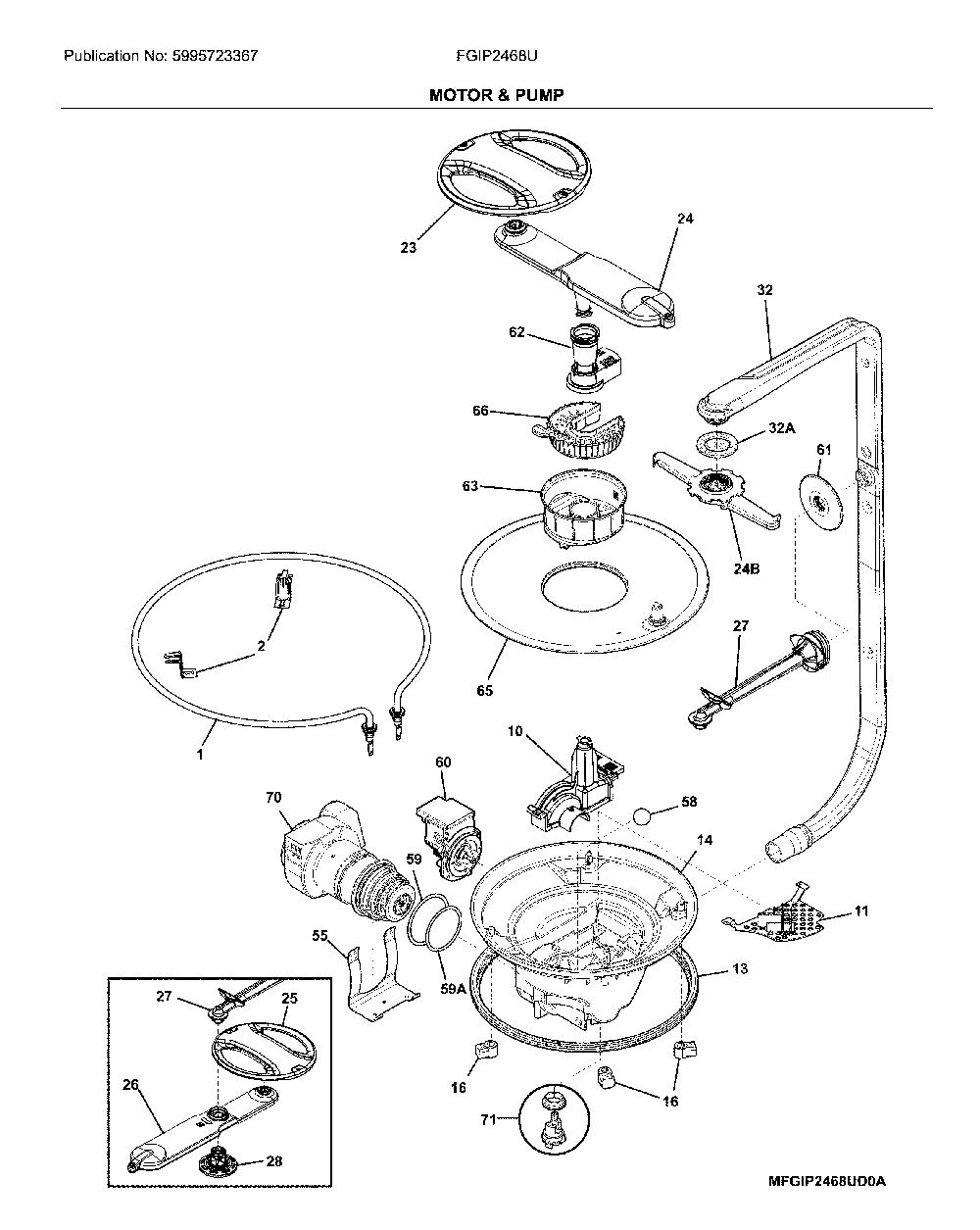Motor & pump Diagram and Parts List for FGIP2468UD1A  Frigidaire Dishwasher
