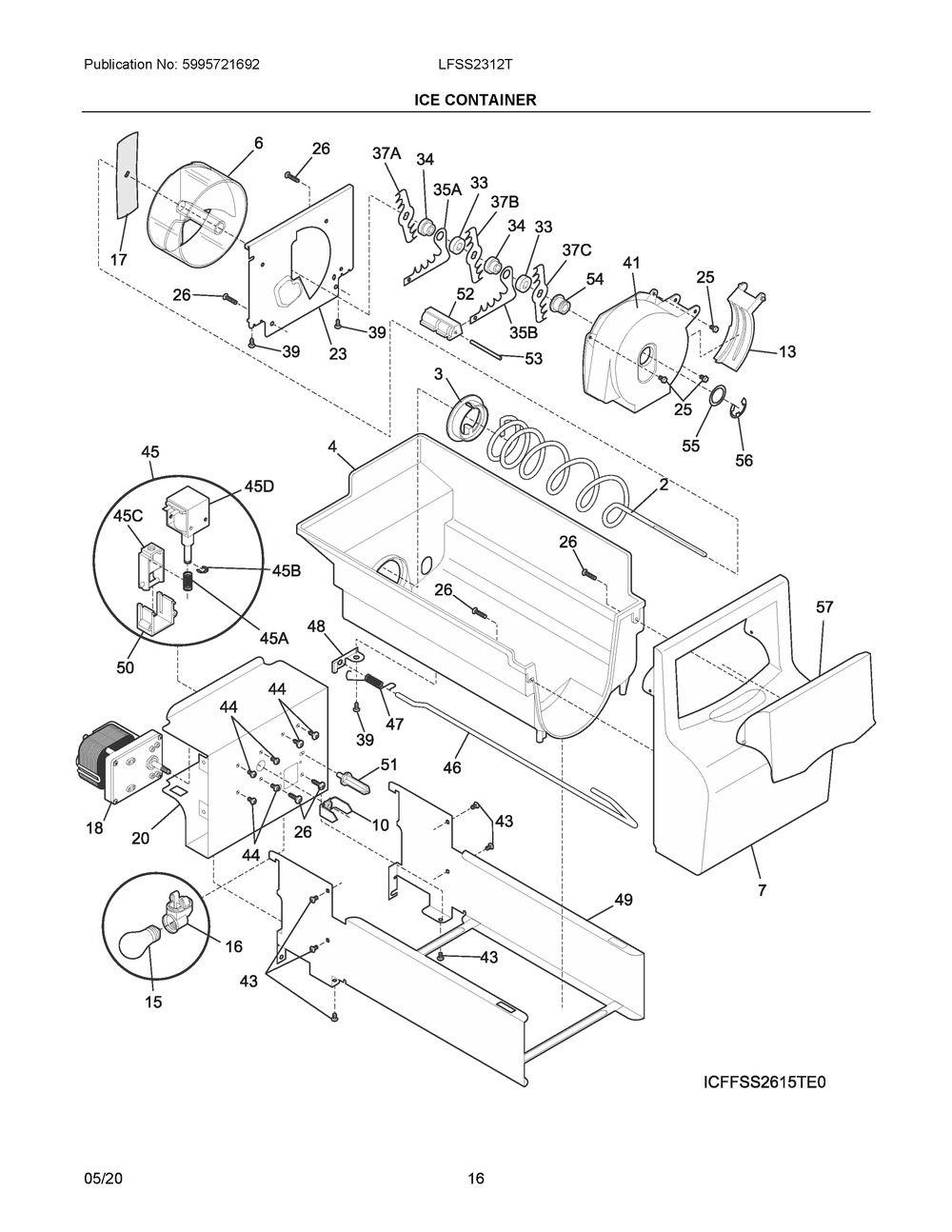 Ice Container Diagram and Parts List for LFSS2312TF4  Frigidaire Refrigerator