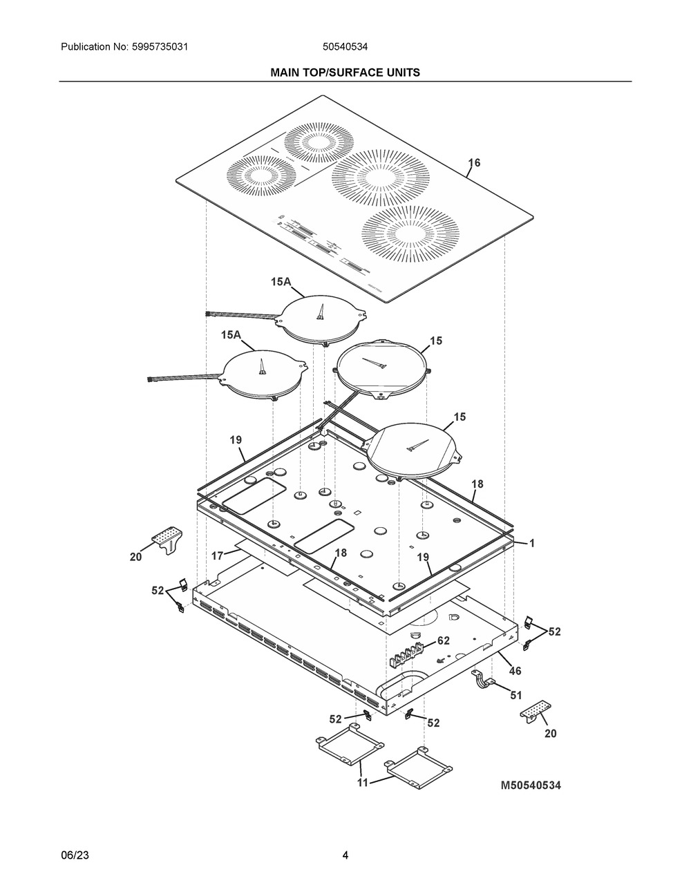 Main Top/Surface Units Diagram and Parts List for 50540534  Frigidaire Cooktop