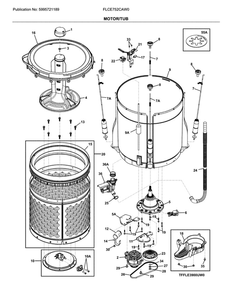 Motor/Tub Diagram and Parts List for FLCE752CAW0  Frigidaire Washer Dryer Combo
