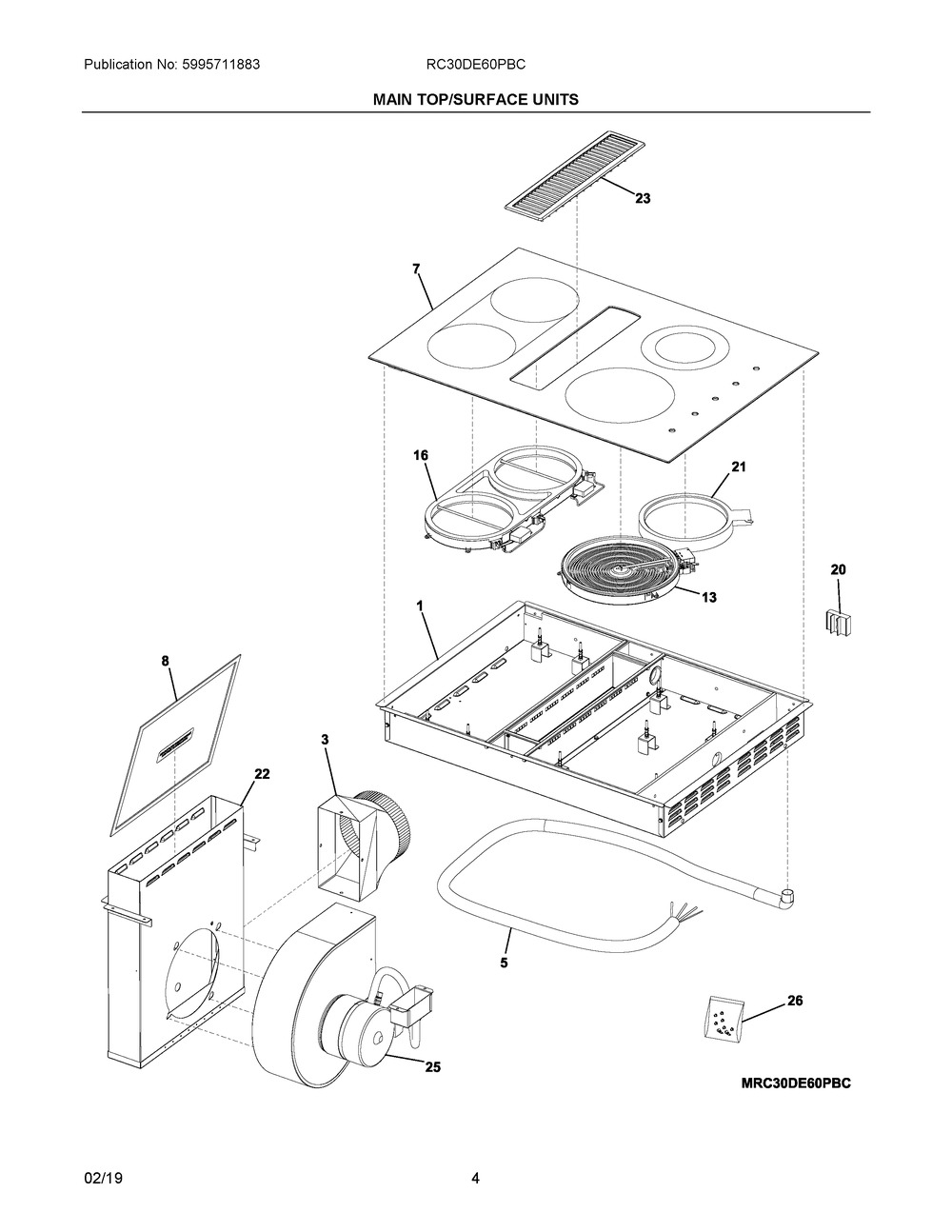 Main Top/surface Units Diagram and Parts List for RC30DE60PBC  Frigidaire Cooktop
