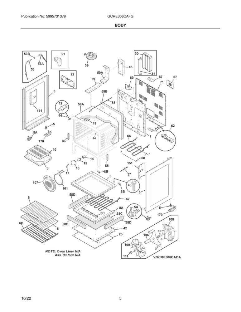 Body Diagram and Parts List for GCRE306CAFG  Frigidaire Range