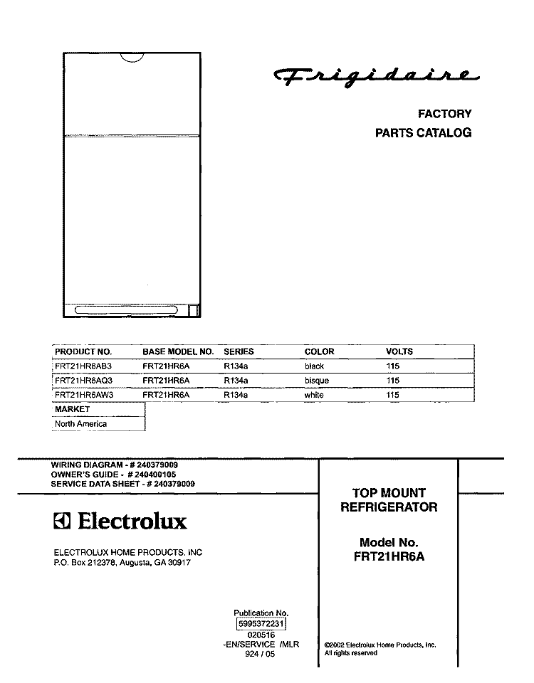 COVER Diagram and Parts List for FRT21HR6AB3  Frigidaire Refrigerator