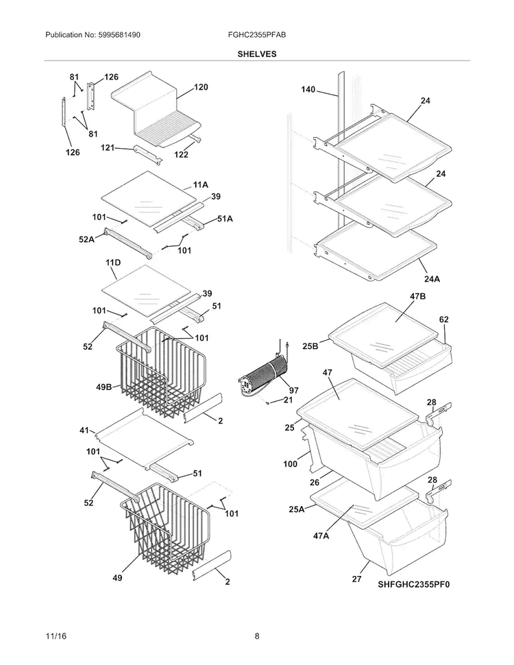 Shelves Diagram and Parts List for FGHC2355PFAB  Frigidaire Refrigerator