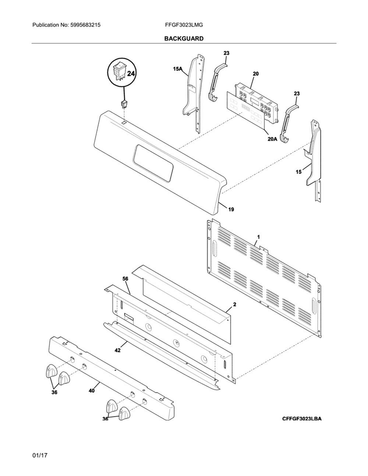 Backguard Diagram and Parts List for FFGF3023LMG  Frigidaire Range
