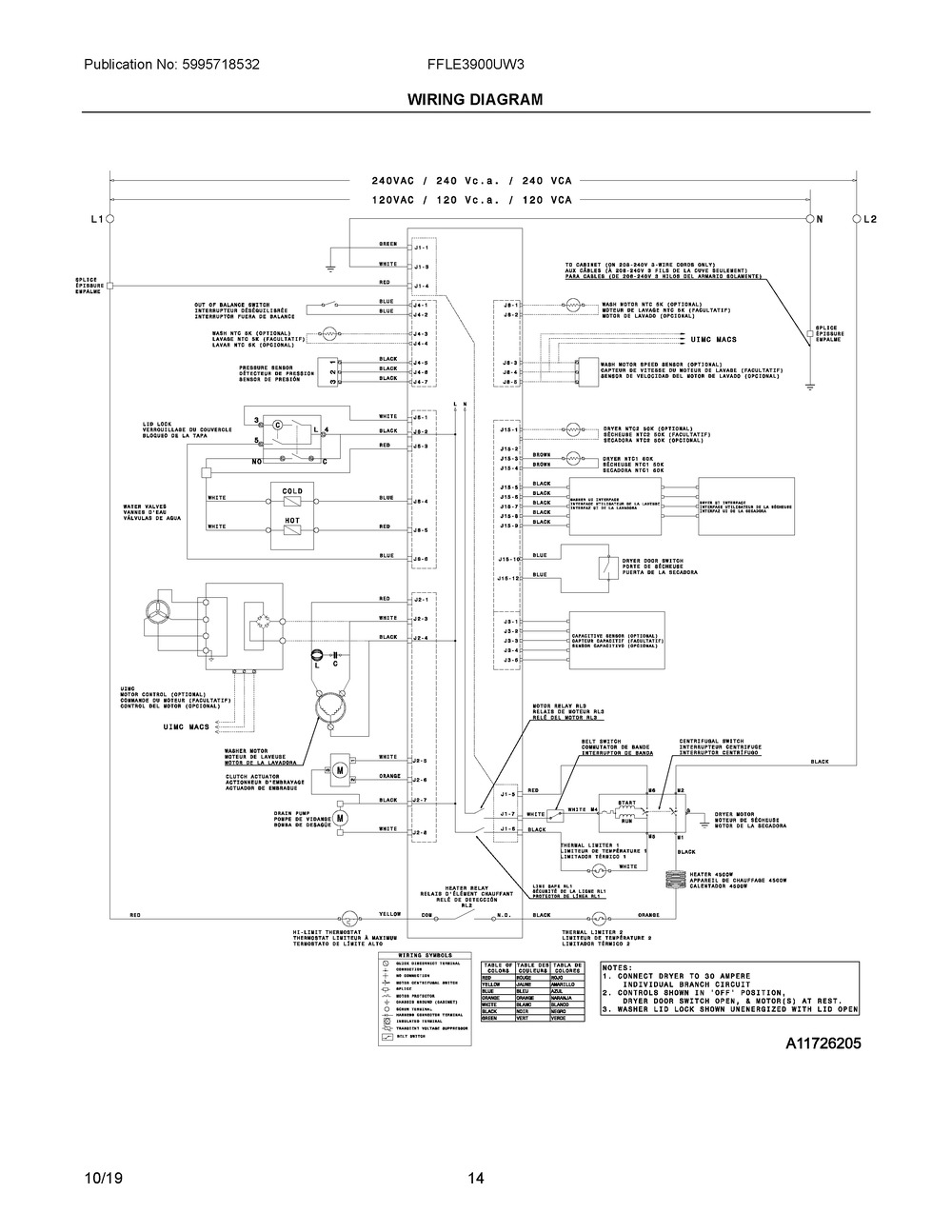 Wiring Diagram Diagram and Parts List for FFLE3900UW3  Frigidaire Washer Dryer Combo