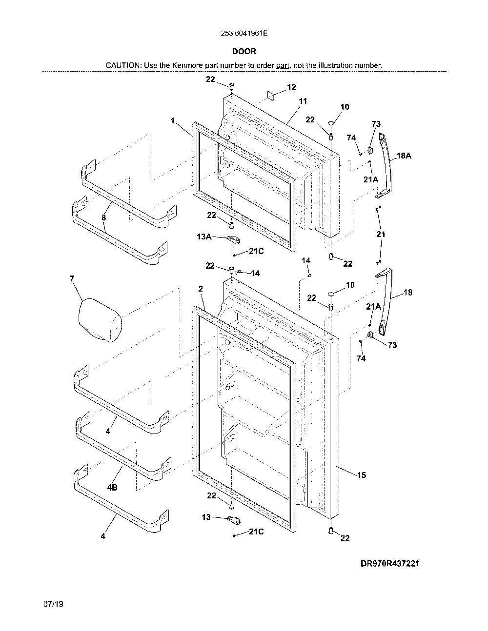 Doors Diagram and Parts List for 2536041961E  Kenmore Refrigerator