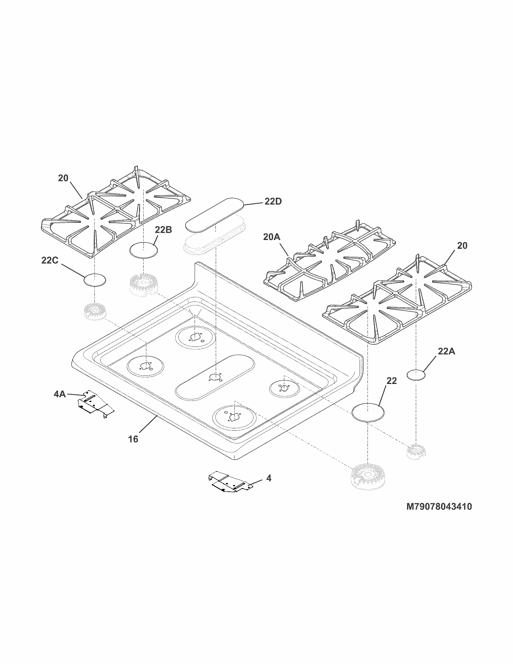 Main Top Diagram and Parts List for 79078049410  Kenmore Range