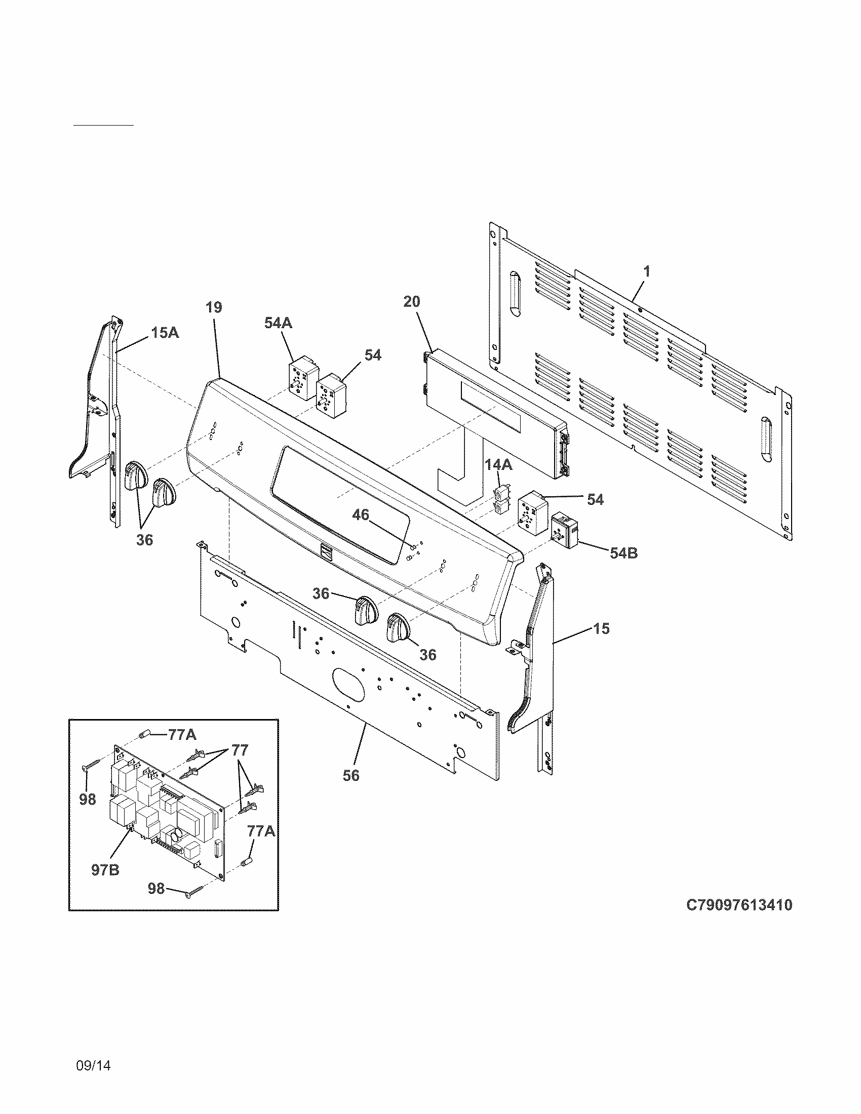 Backguard Diagram and Parts List for 79097613410  Kenmore Range