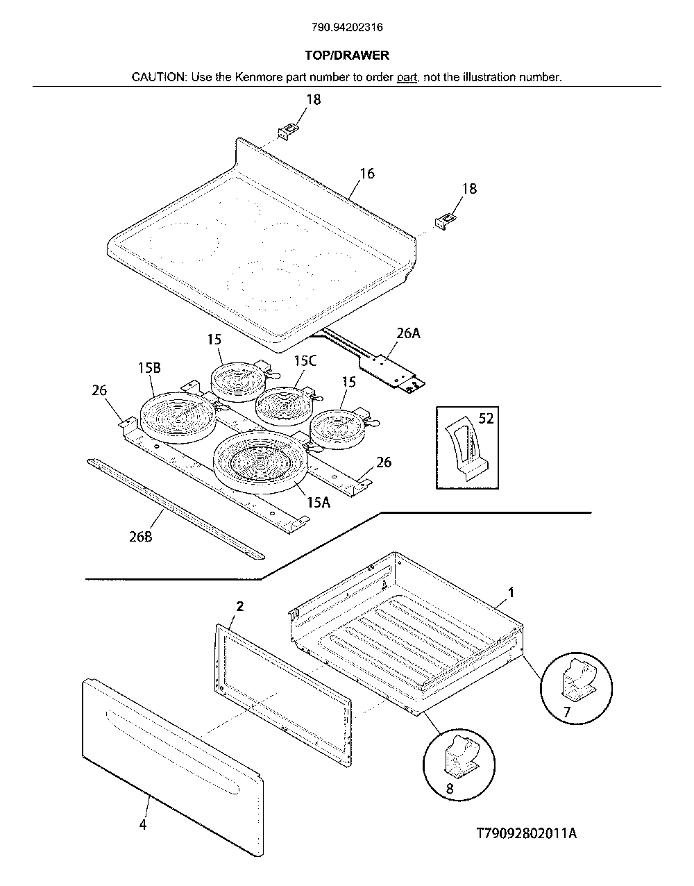 Top/drawer Diagram and Parts List for 79094202316  Kenmore Range