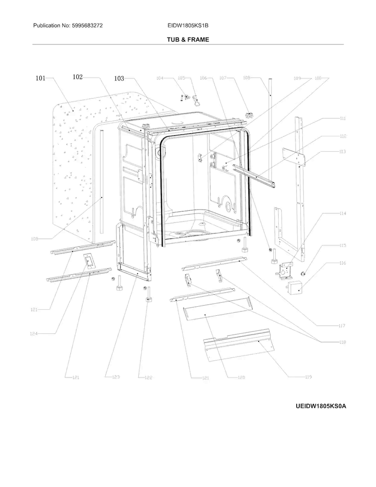 Tub & Frame Diagram and Parts List for EIDW1805KS1B  Electrolux Dishwasher
