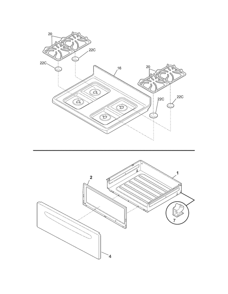 Top/drawer Diagram and Parts List for FFGF3021LWD  Frigidaire Range