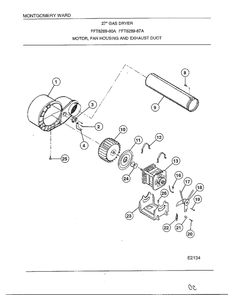Motor/fan Housing/exhaust Duct Diagram and Parts List for 8289-80A  Frigidaire Dryer