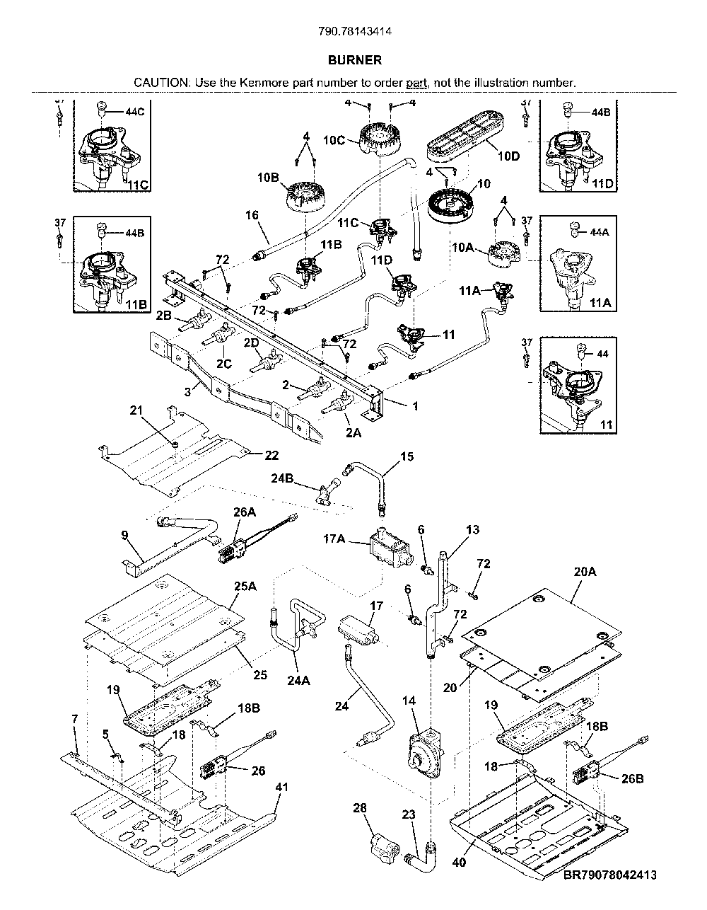 Burner Diagram and Parts List for 79078143414  Kenmore Range