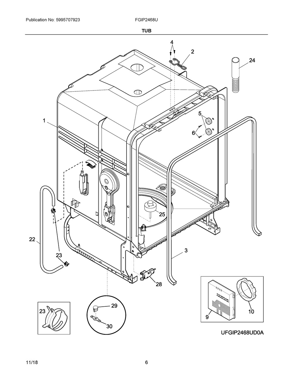 Tub Diagram and Parts List for FGIP2468UF0A  Frigidaire Dishwasher