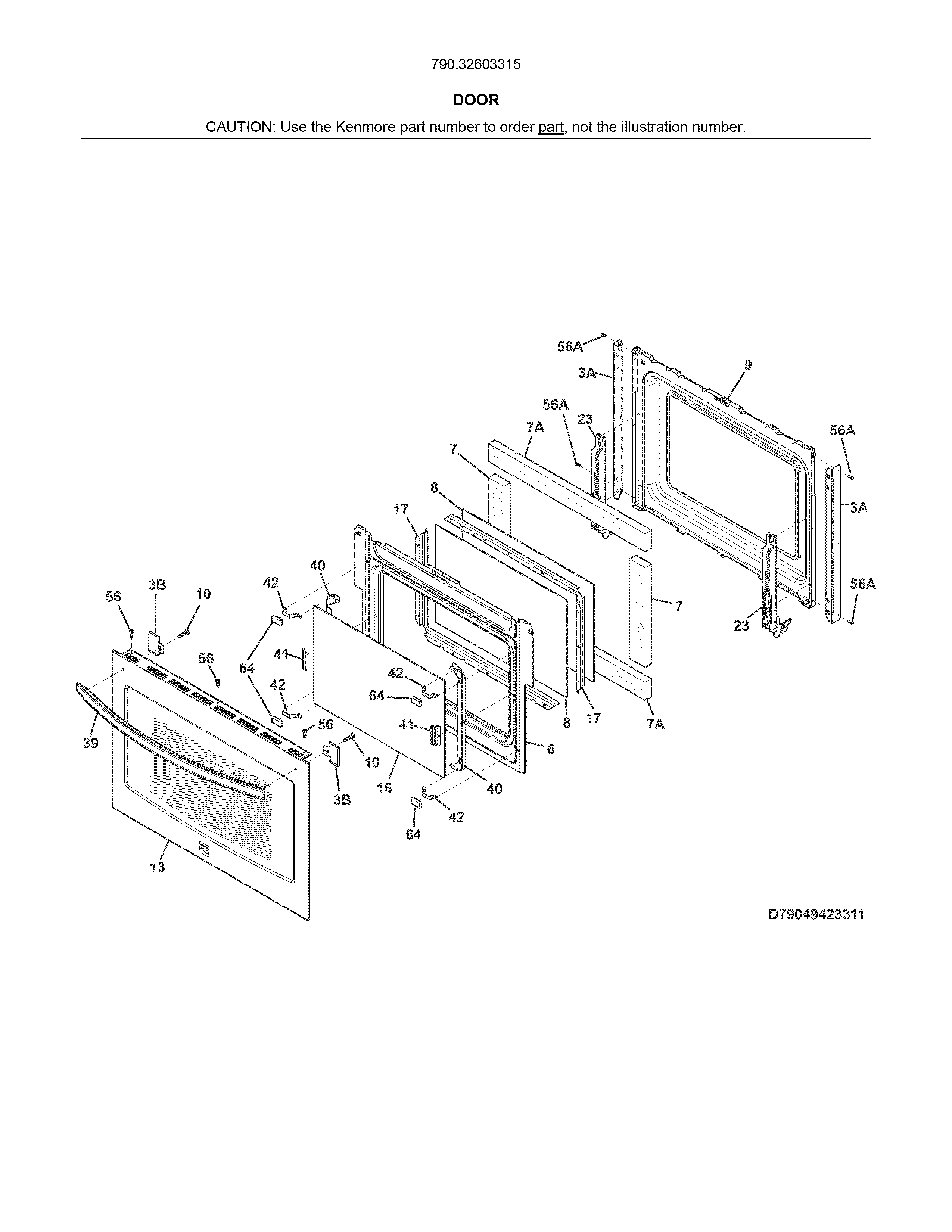 Door Diagram and Parts List for 79032603315  Kenmore Range