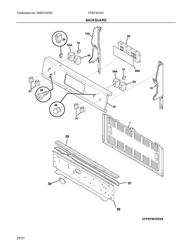 Backguard Diagram and Parts List for FFEF3016VBD  Frigidaire Range