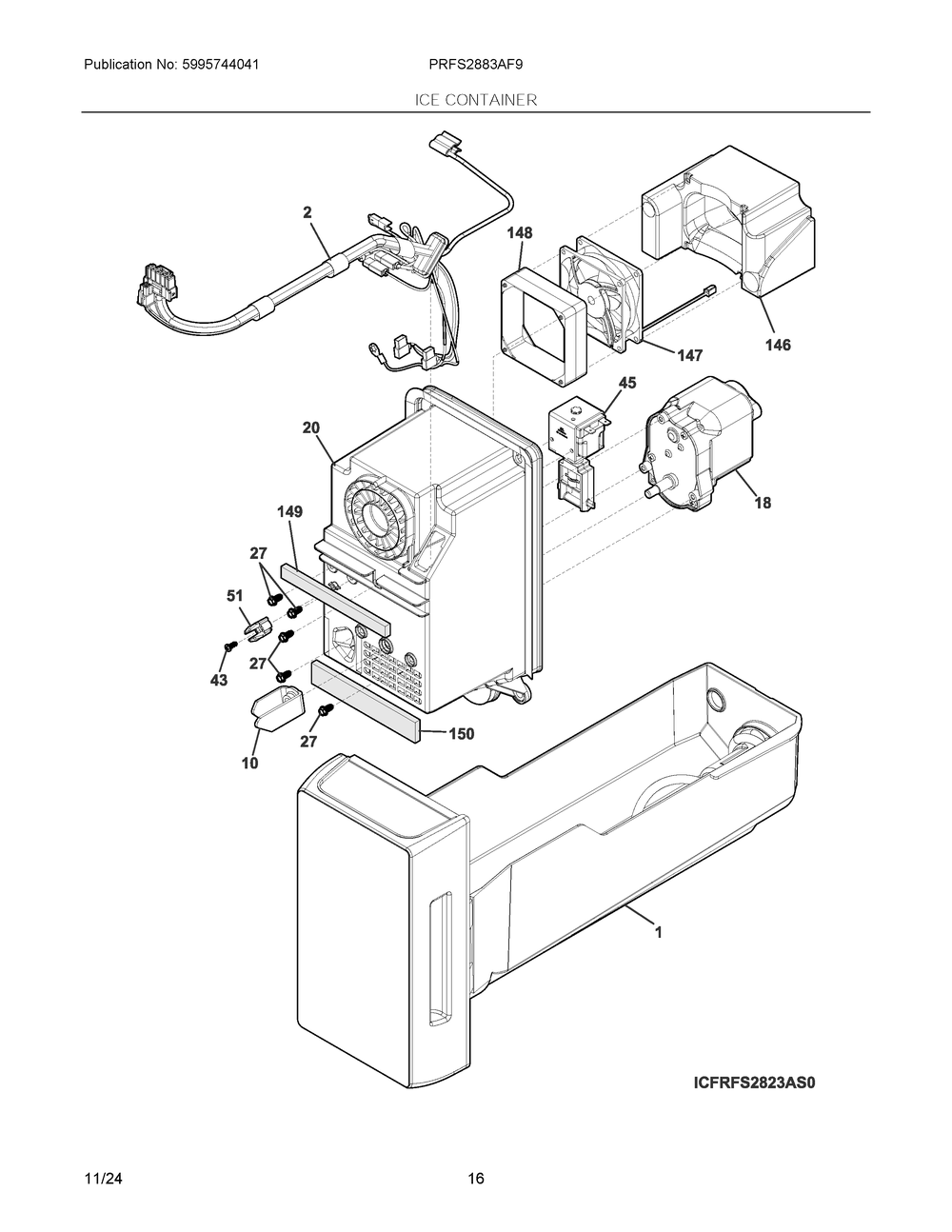 Ice Container Diagram and Parts List for PRFS2883AF9  Frigidaire Refrigerator