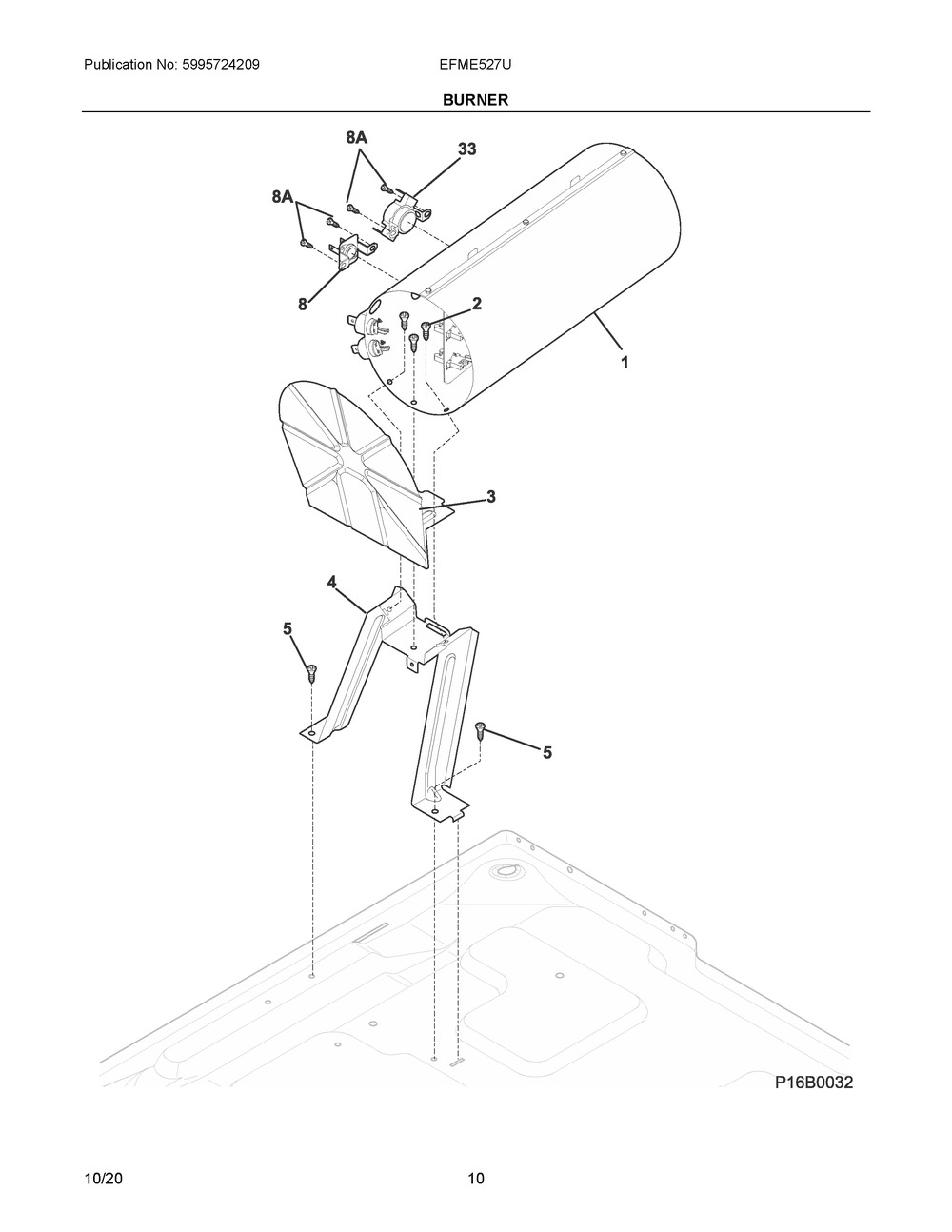 Burner Diagram and Parts List for EFME527UIW2  Frigidaire Dryer