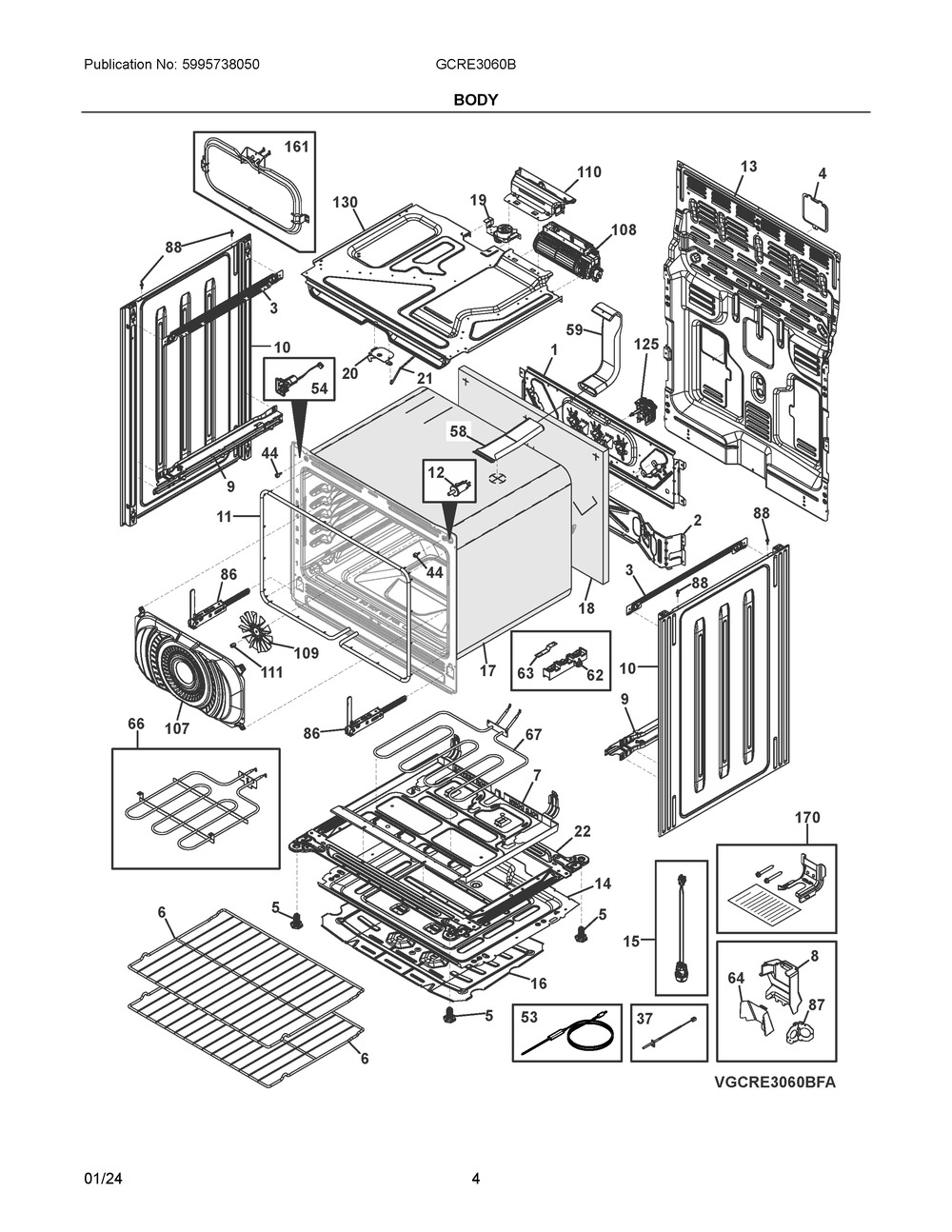 Body Diagram and Parts List for GCRE3060BFA  Frigidaire Range