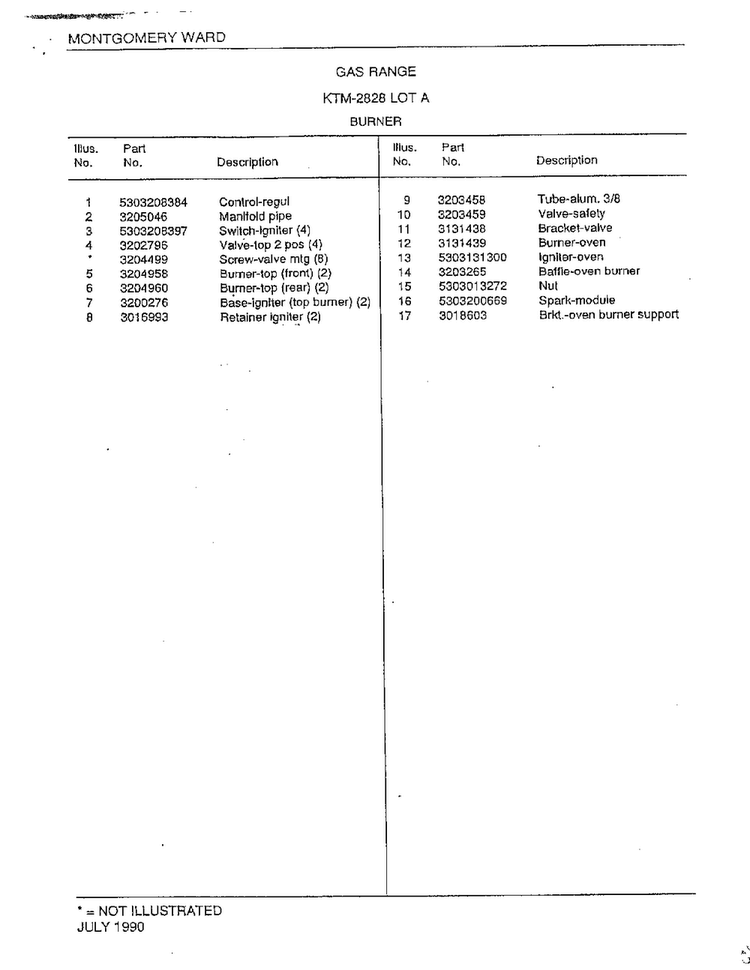 Burner Page 2 Diagram and Parts List for 2828A  Frigidaire Range