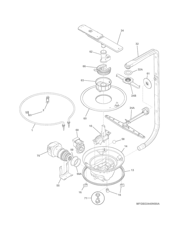 Motor & Pump Diagram and Parts List for FGBD2445NW4A  Frigidaire Dishwasher
