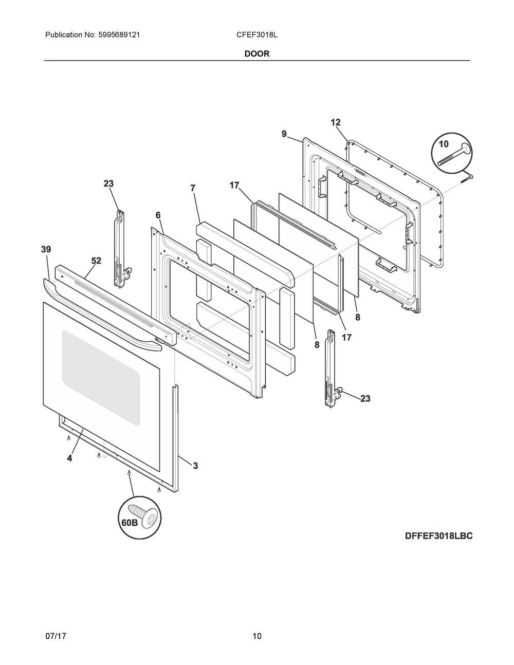 Door Diagram and Parts List for CFEF3018LWK  Frigidaire Range
