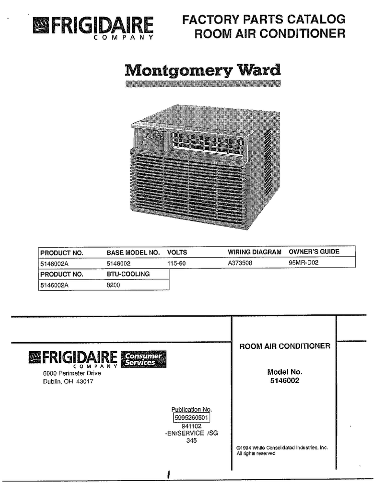 Room Air Conditioner/front Cover Diagram and Parts List for 5146002A  Frigidaire Air Conditioner