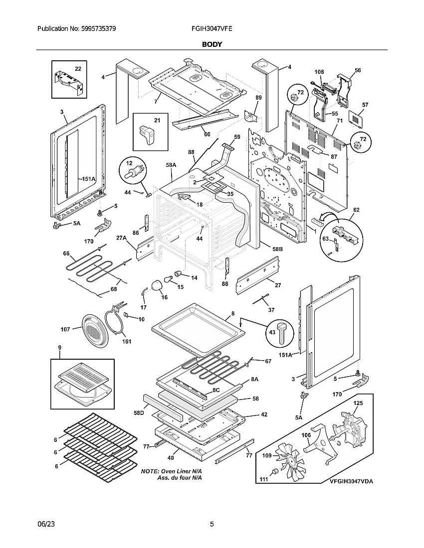 Body Diagram and Parts List for FGIH3047VFE  Electrolux Range