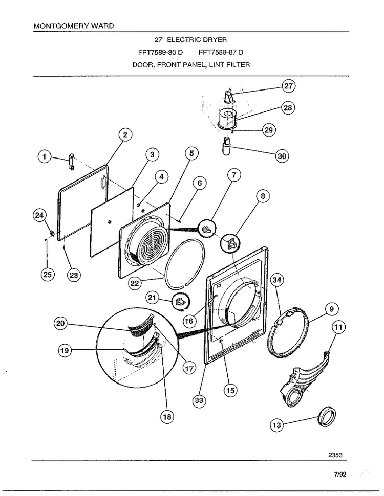 Door/front Panel/lint Filter Diagram and Parts List for 7589-87D  Frigidaire Dryer