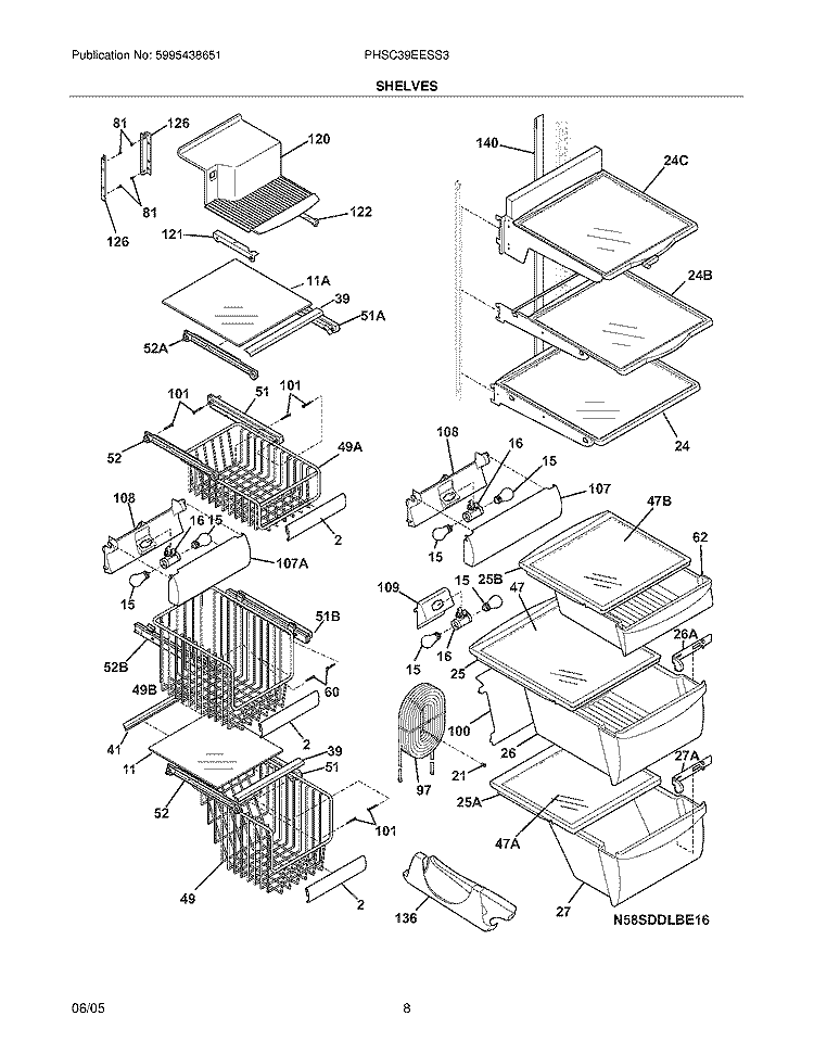 SHELVES Diagram and Parts List for PHSC39EESS3  Frigidaire Refrigerator