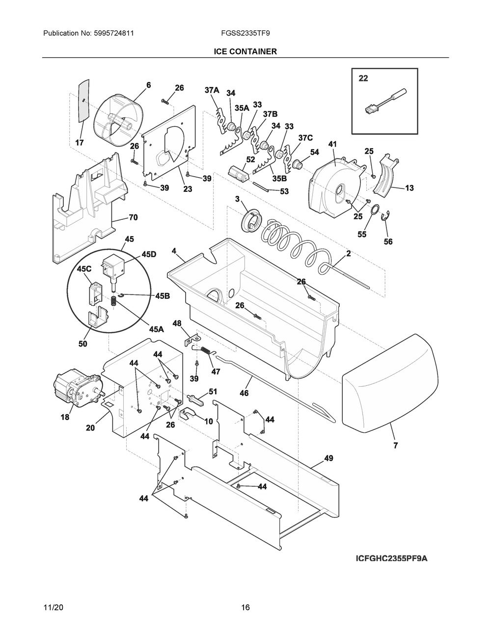 Ice Container Diagram and Parts List for FGSS2335TF9  Frigidaire Refrigerator