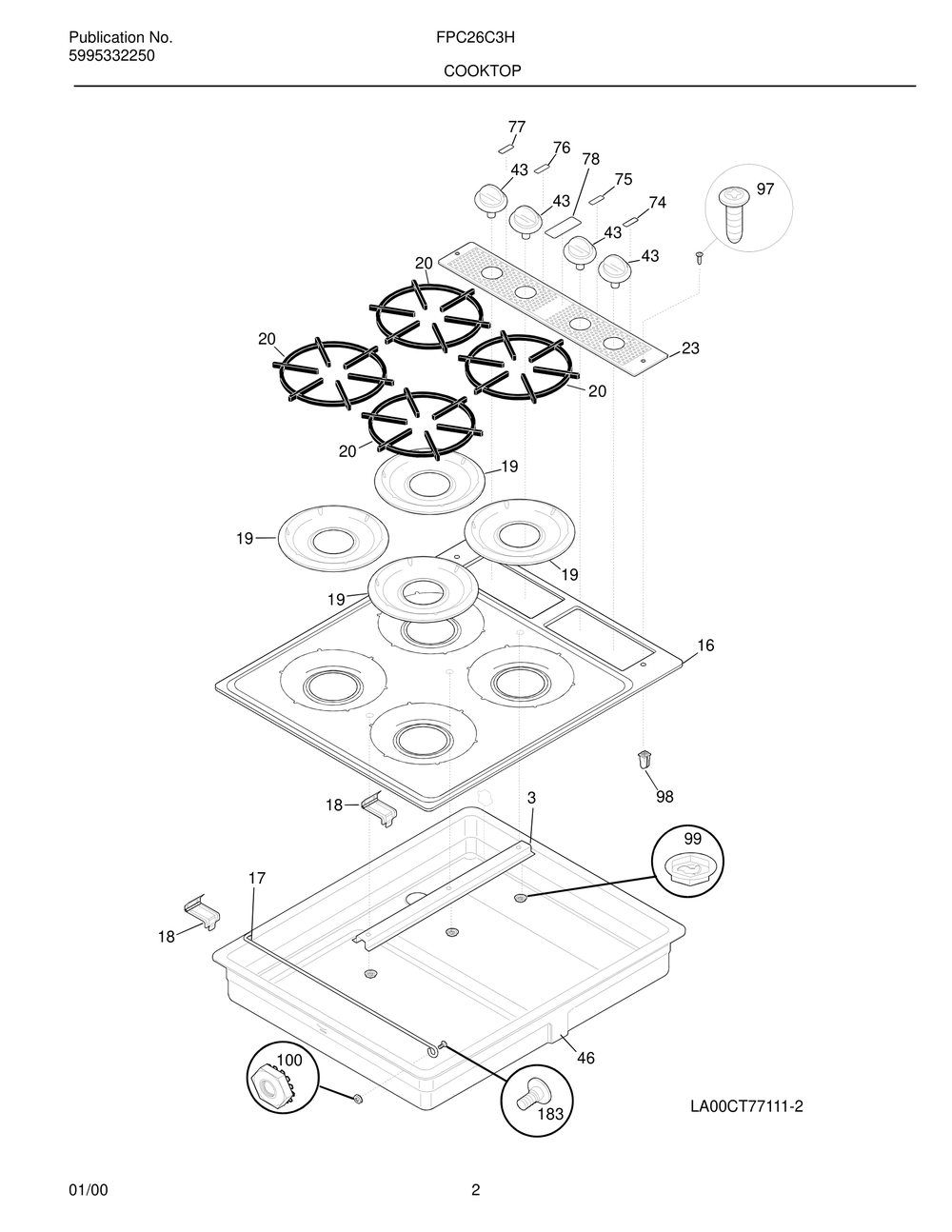 Cooktop Diagram and Parts List for FPC26C3HDA  Frigidaire Cooktop
