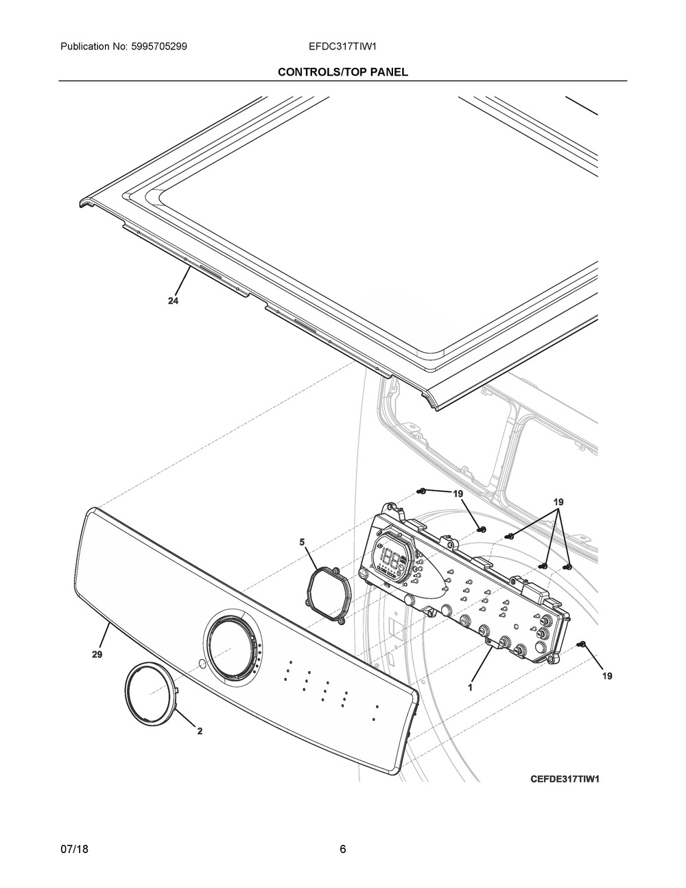 Controls/top Panel Diagram and Parts List for EFDC317TIW1  Frigidaire Dryer