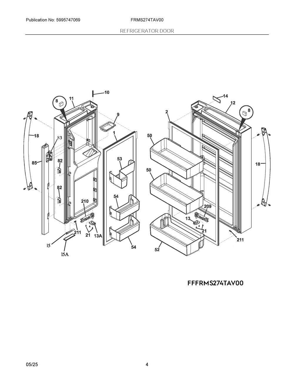 Refrigerator Door Diagram and Parts List for FRMS274TAV00  Frigidaire Refrigerator