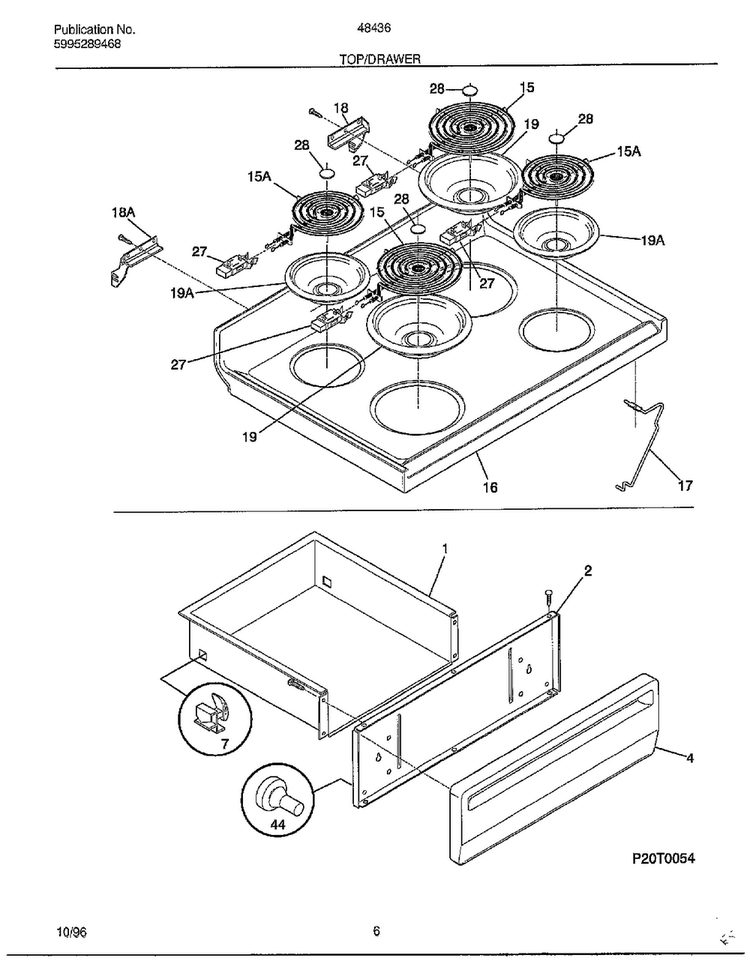 Top/drawer Diagram and Parts List for 484360B  Frigidaire Range