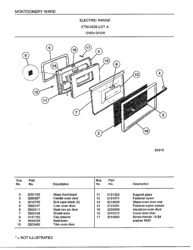Oven Door Diagram and Parts List for 4839A  Frigidaire Range