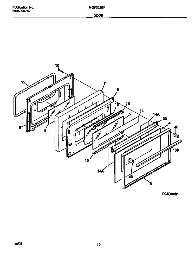 DOOR Diagram and Parts List for MGF352BFDB  Frigidaire Range