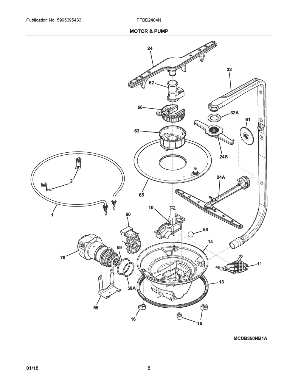 Motor & Pump Diagram and Parts List for FFBD2404NW10C  Frigidaire Dishwasher