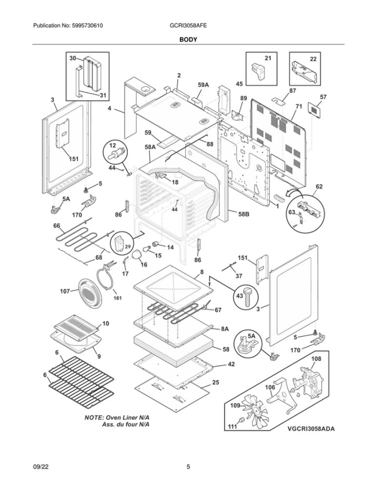 Body Diagram and Parts List for GCRI3058AFE  Frigidaire Range