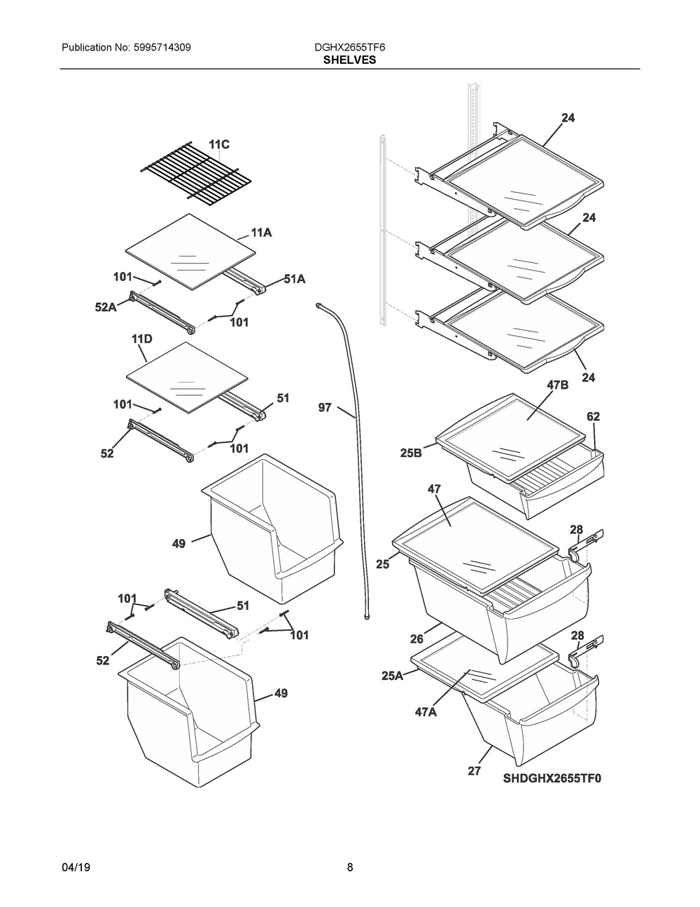 Shelves Diagram and Parts List for DGHX2655TF6  Frigidaire Refrigerator