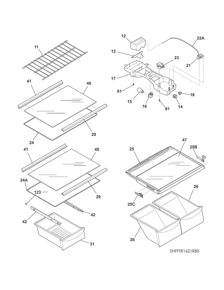 Shelves Diagram and Parts List for FFTR1521RW0  Frigidaire Refrigerator